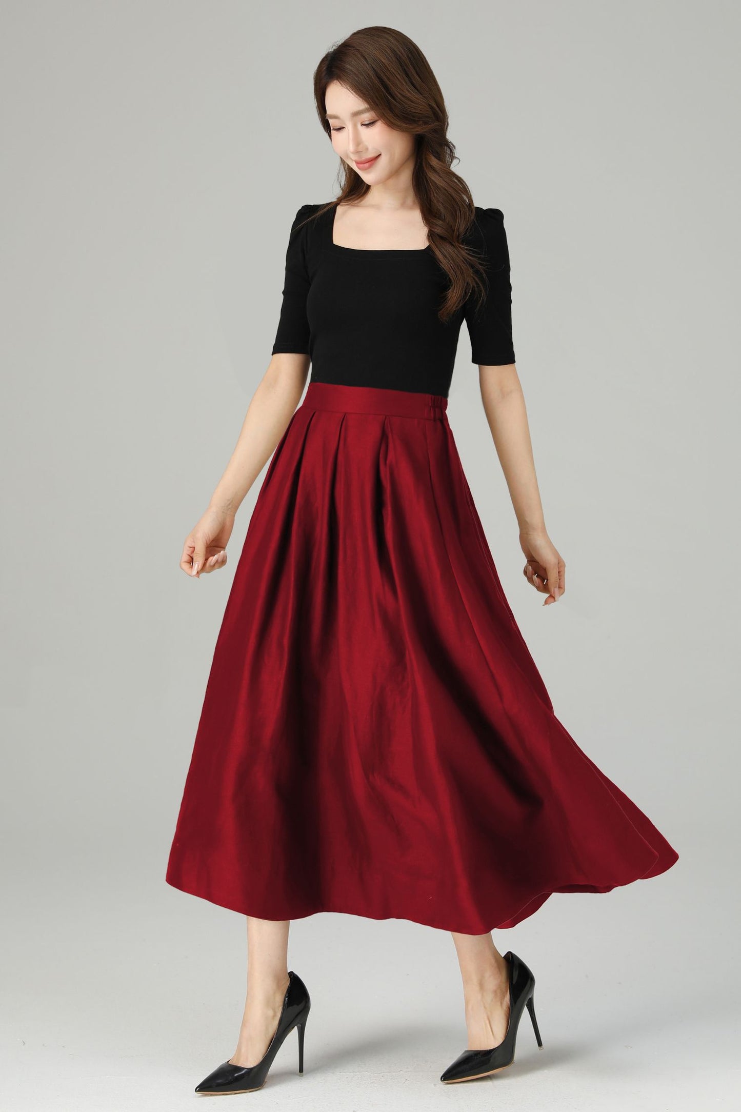 Red Linen Midi Skirt: Retro High Waisted A-Line Pleated Skirt 6714