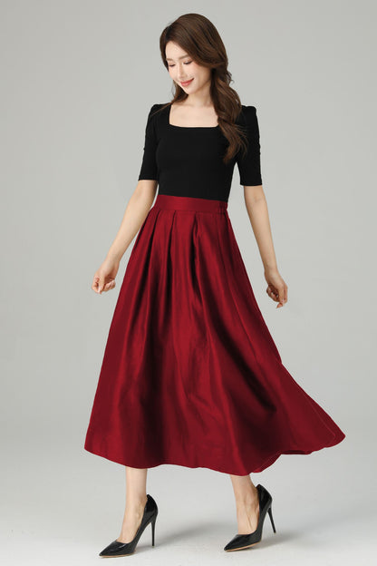 Red Linen Midi Skirt: Retro High Waisted A-Line Pleated Skirt 6714