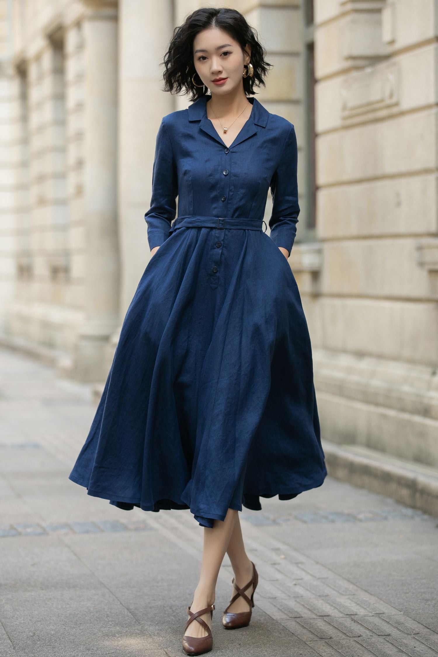 Navy Linen Shirt Dress for Women, Xiaolizi Belted A-Line Dress 5682 - Navy / XS Navy Linen Shirt Dress for Women, Xiaolizi Belted A-Line Dress 5682 - Navy / XS