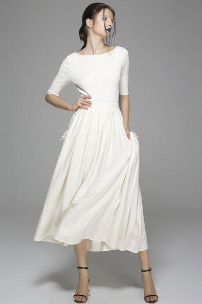 White Linen Cotton Maxi Skirt - Elastic Waist Big Pockets | Xiaolizi 1391