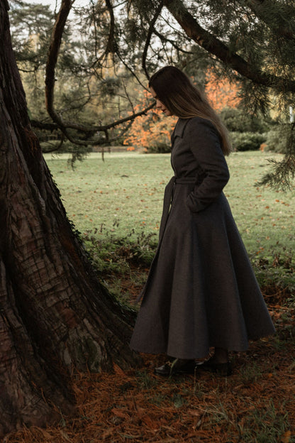 Gray Wool Fit & Flare Long Coat - Elegant Lapel Collar 4811