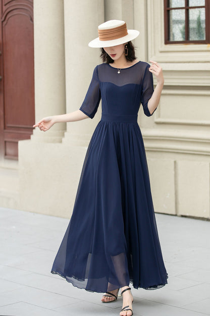 Fit and Flare Dark Blue Chiffon dress 5143