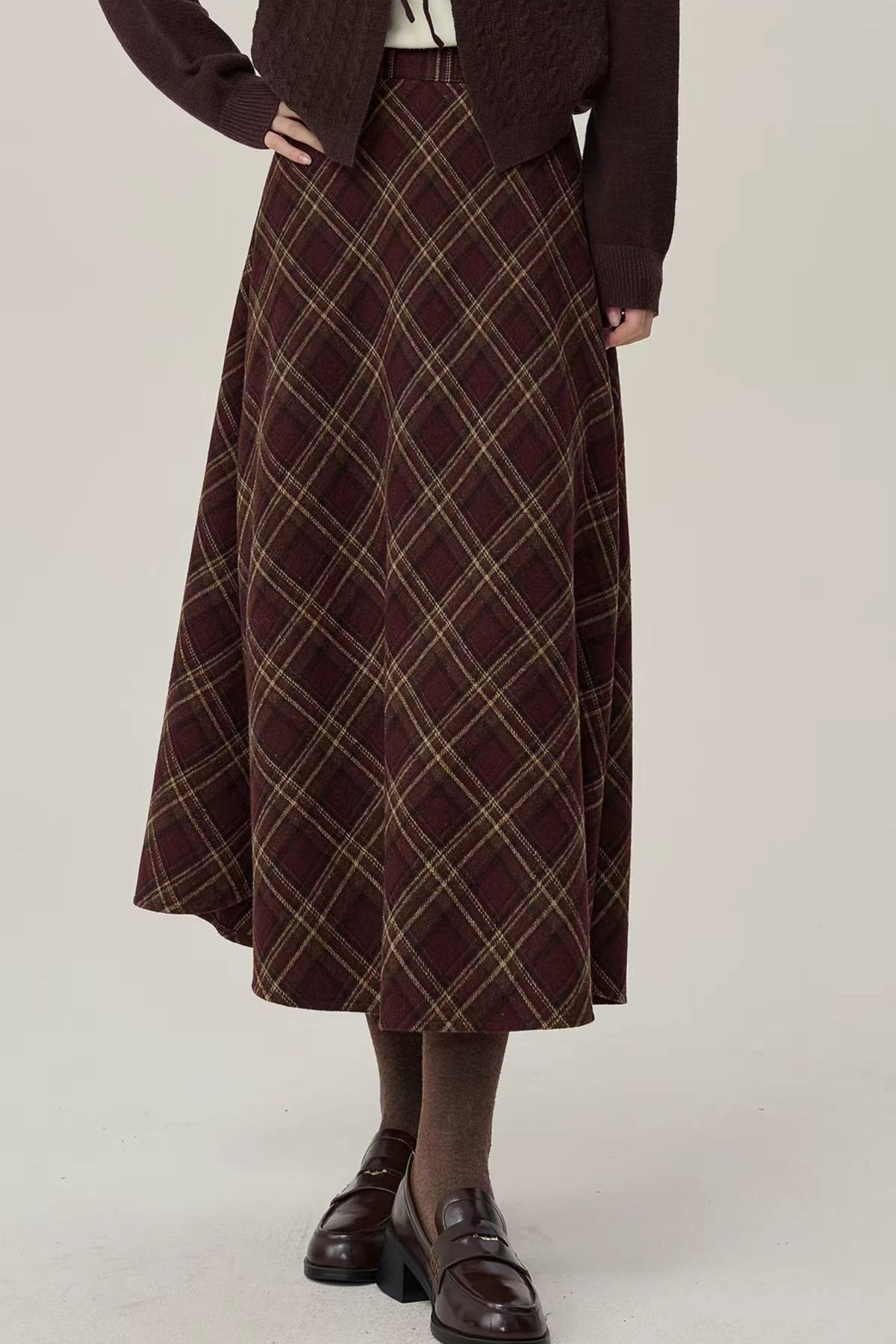 Burgundy Plaid  Wool Blend Midi Skirt -High Waist Retro Fall Winter Skirt 7024