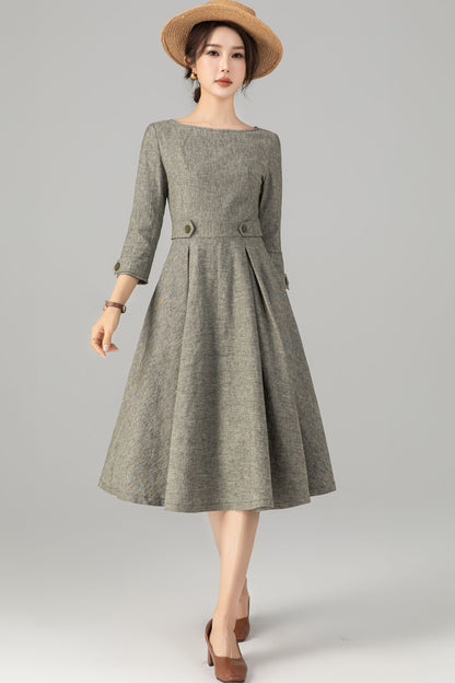 Army Green Linen Cotton Midi Dress - Vintage A-Line Silhouette 5706