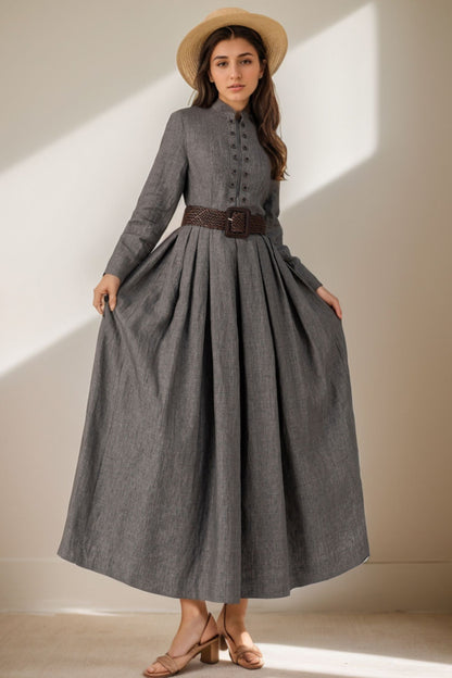 Gray Linen Maxi Dress - Pleated, Long Sleeve, Button Detail 5126