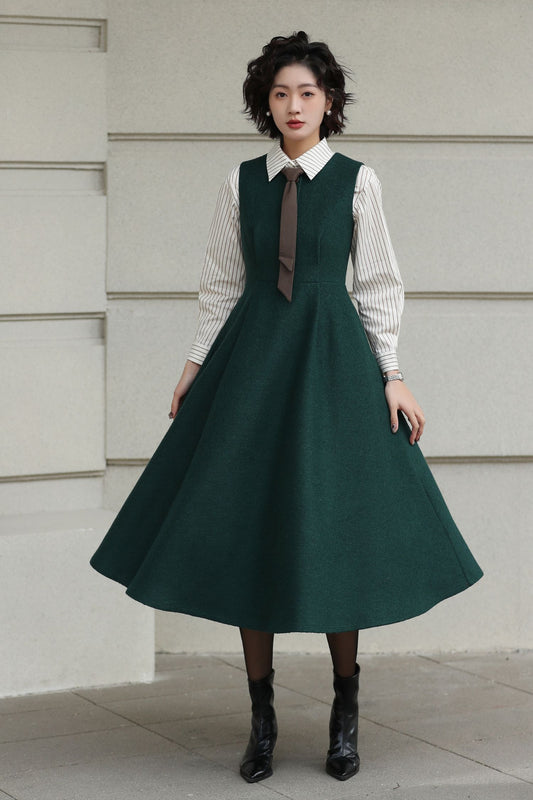 Handmade Vintage Wool Dress – Green Sleeveless A-Line Midi Winter Dress 6615