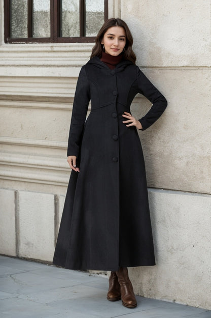 Black Wool Hooded Coat – Vintage A-Line Maxi Overcoat for Women 1839