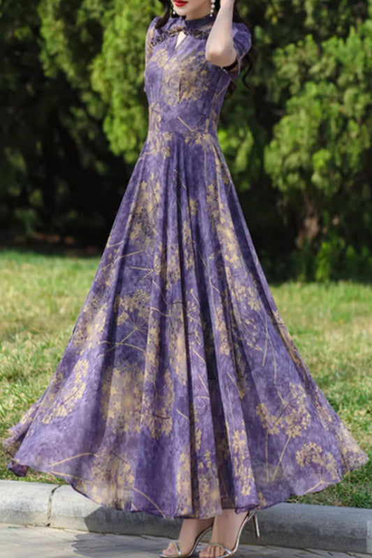 Purple flower printed maxi prom chiffon dress 5078