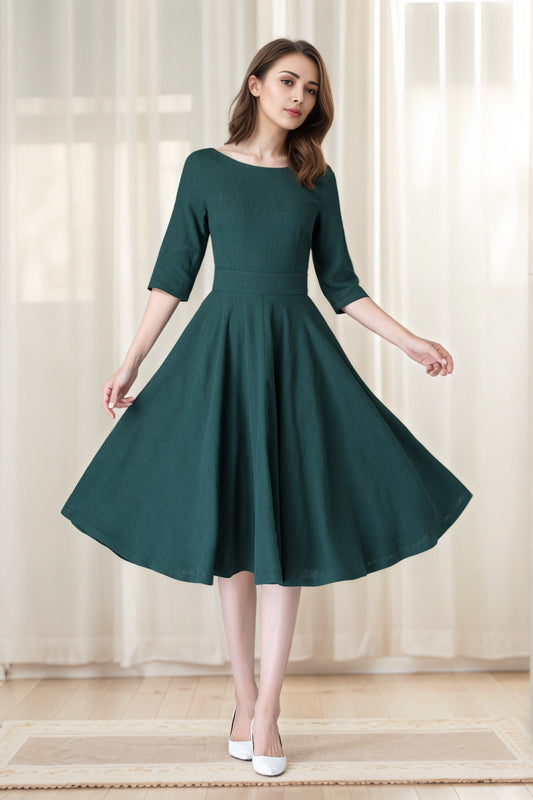 Handmade Dark Green Linen Cotton Midi Dress – Fit & Flare with Pockets 6630