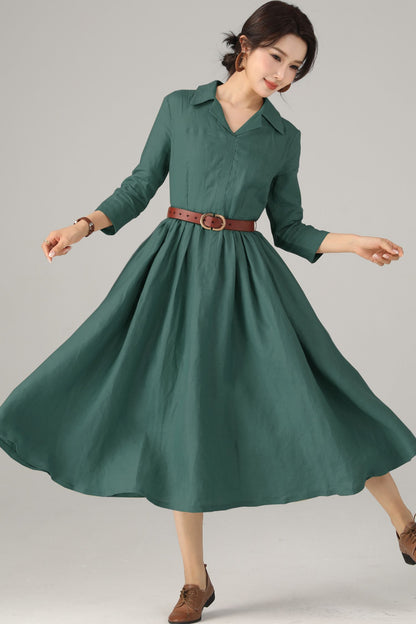 Green Linen Midi Shirt Dress - Fit and Flare Silhouette 5720