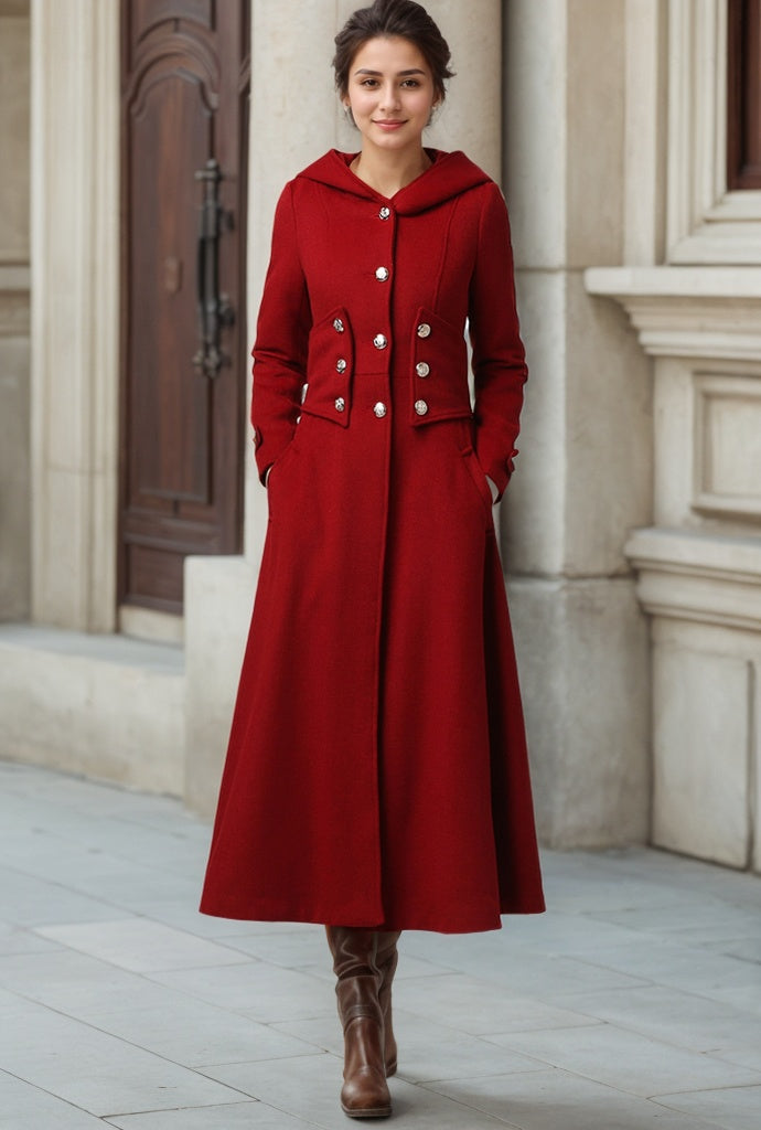 Womens Long Red Wool Coat with Hood 1107#