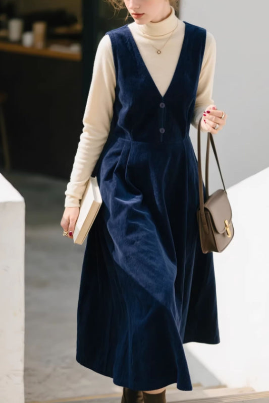 Blue Corduroy Pinafore Dress – Vintage Sleeveless Midi for Layering | Xiaolizi 6646