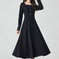 Long sleeves black midi wool dress 5246