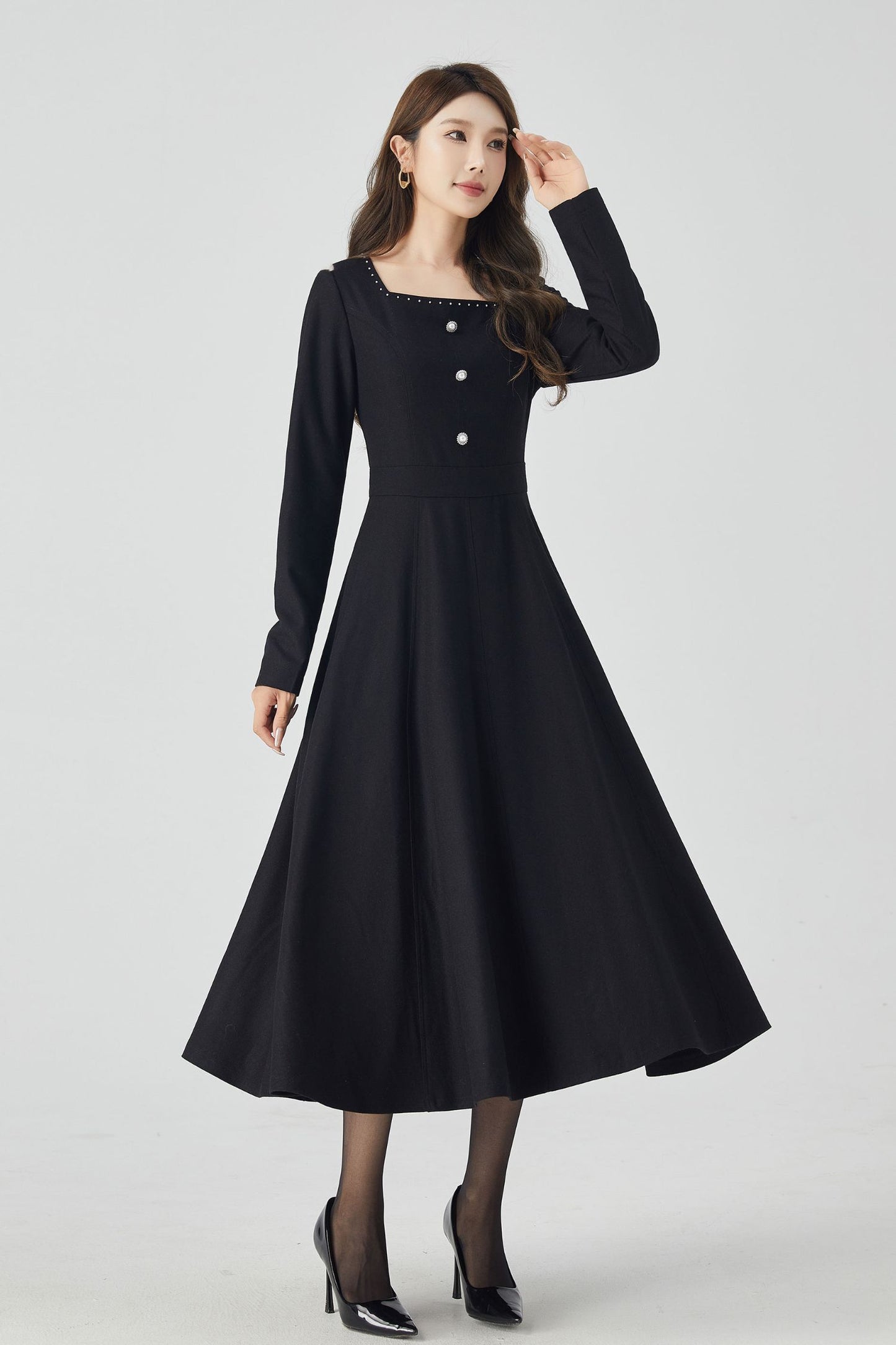 Long sleeves black midi wool dress 5246