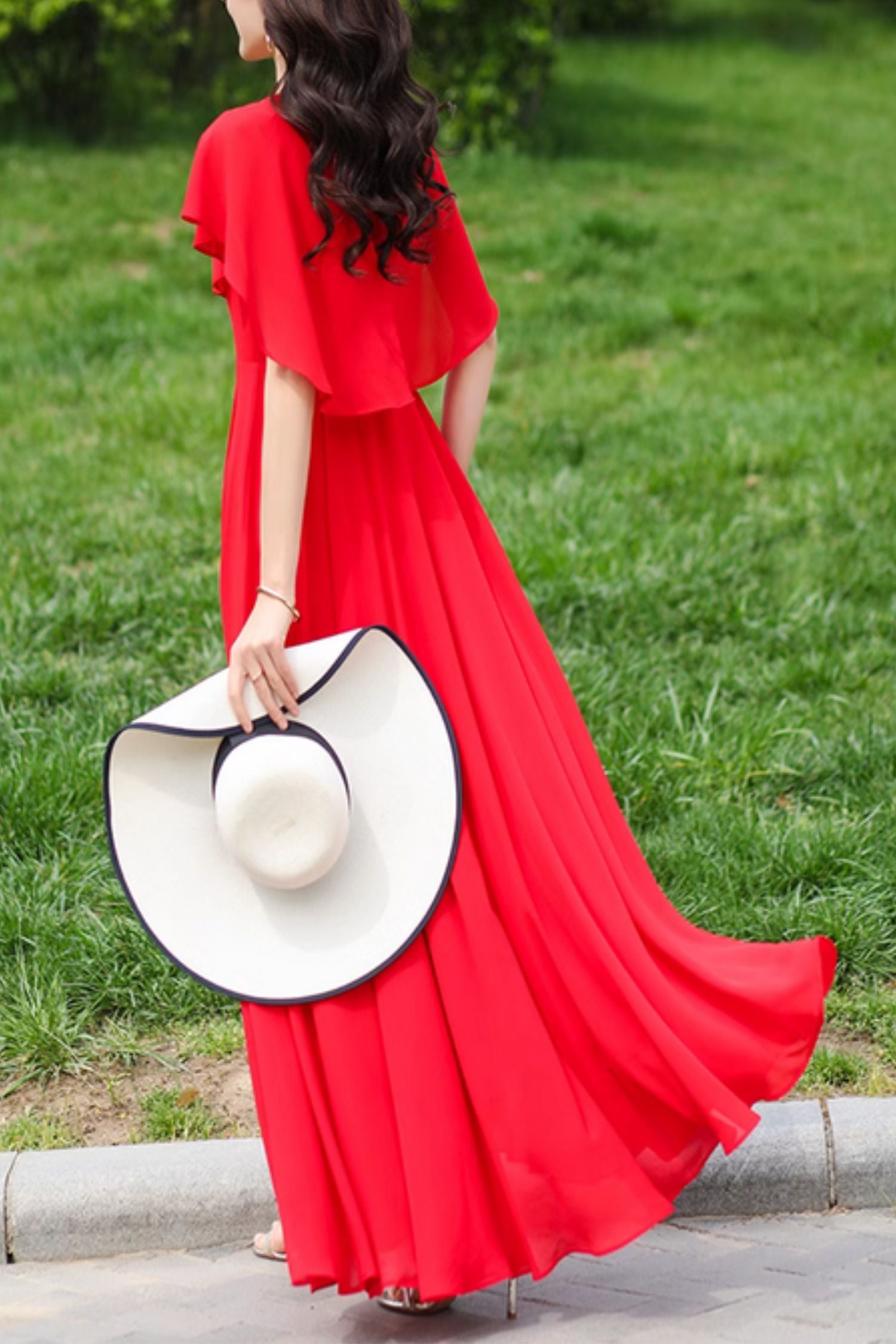 Fit and flare red prom chiffon dress with cape 5029 red / S Fit and flare red prom chiffon dress with cape 5029 red / S