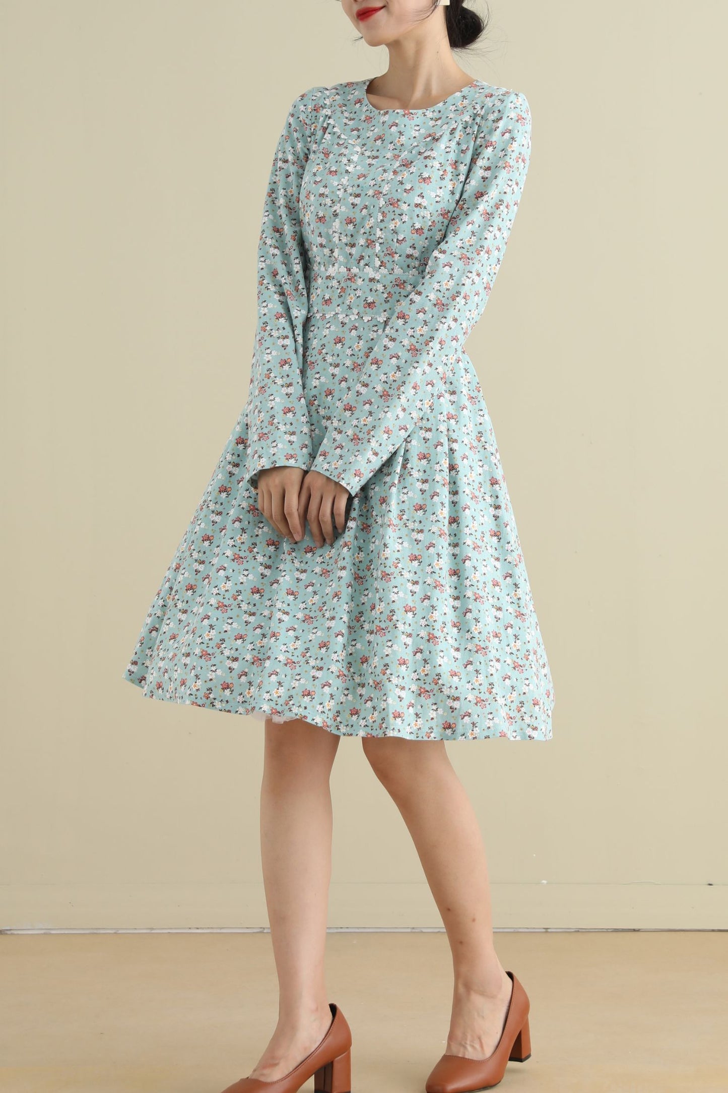 Floral spring long sleeves linen dress women 2795