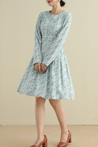 Floral Linen Knee-Length Dress - Long Sleeve, Round Neck 2795