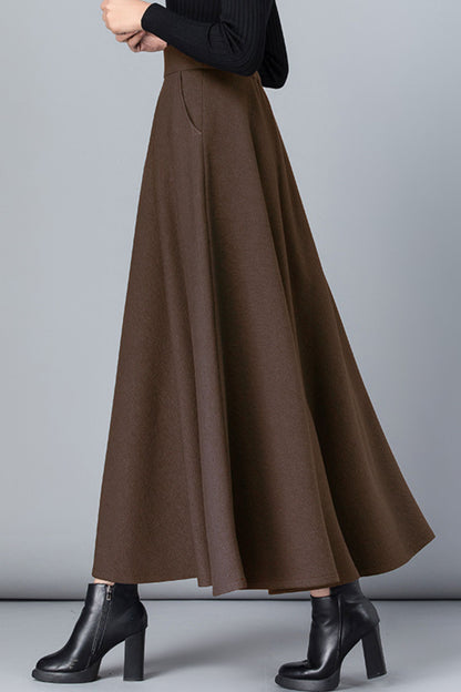 Brown a line maxi wool skirt women 6209