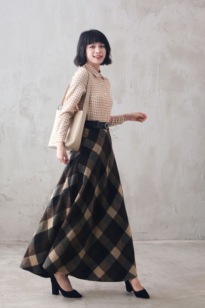 Plaid Wool Maxi Skirt – High Waist Vintage Winter Skirt Handmade 3108