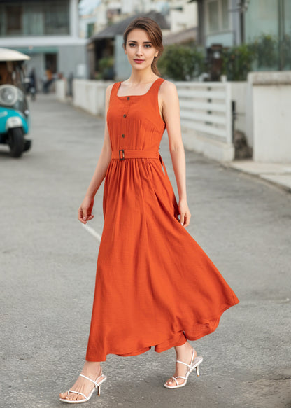 Orange Linen Blend Dress - Square Neck Midi | Xiaolizi 6724