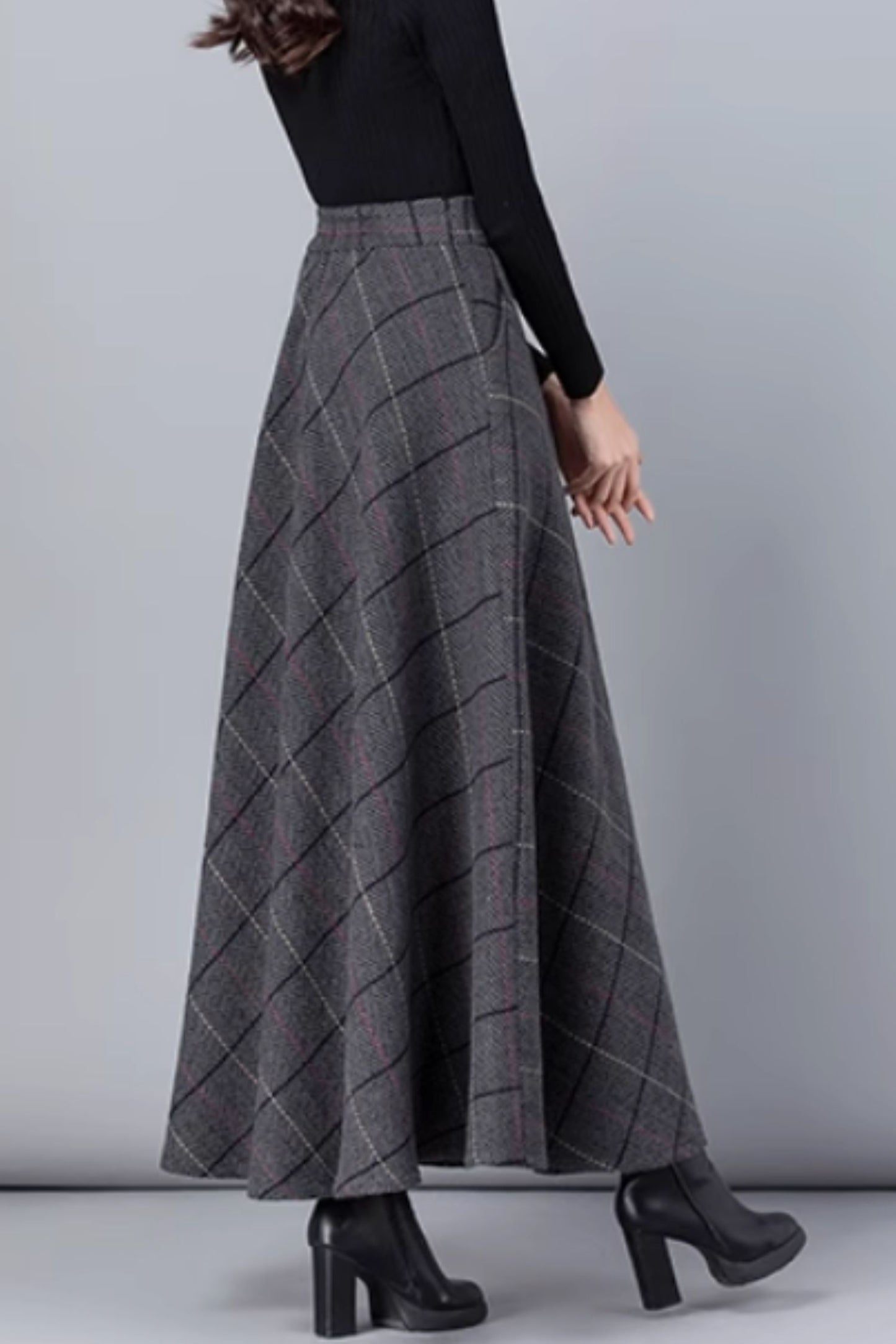 Vintage Inspired Tartan Plaid Midi Wool Skirt Woman 3138