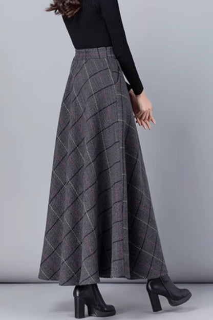Gray Wool Midi Skirt - Vintage Plaid Full Silhouette 3138
