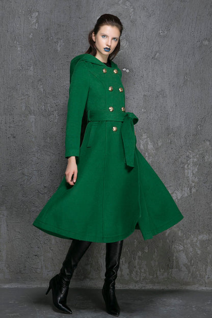Army Green Wool Coat - Double-Breasted A-Line with Hood 1346