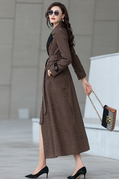 Plaid Wool Blend Long Coat - Lapel Lined | Xiaolizi 5296
