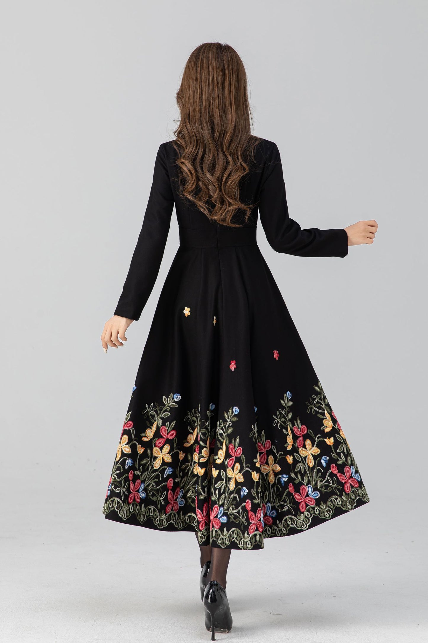 Black fit and flare embroidered dress 5269