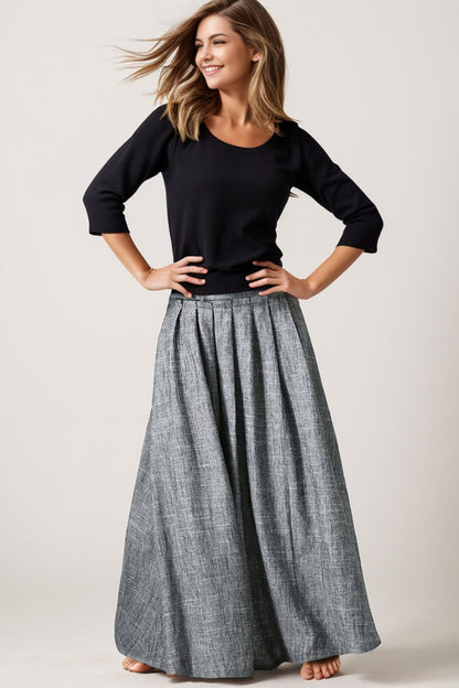 Gray Linen Maxi Skirt - Pleated Waist, Ankle Length 5139