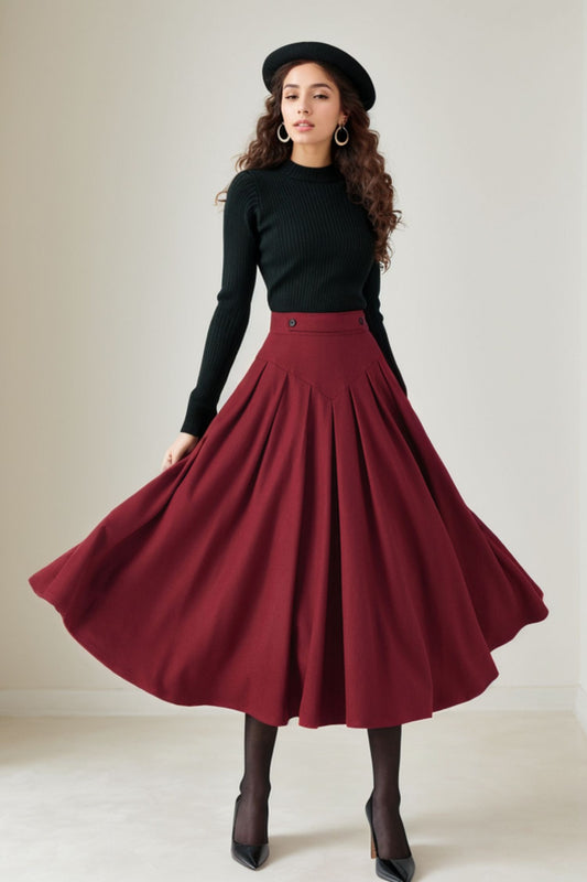 Burgundy winter/autumn midi wool skirt 5248