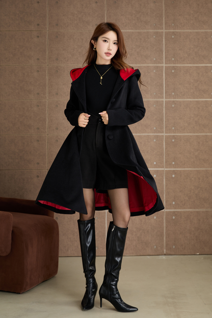Black hooded winter wool coat  5363