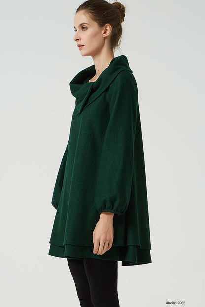 Artisan Wool Tunic Dress – Dark Green with Cowl Neck & Layered Hem – 2065
