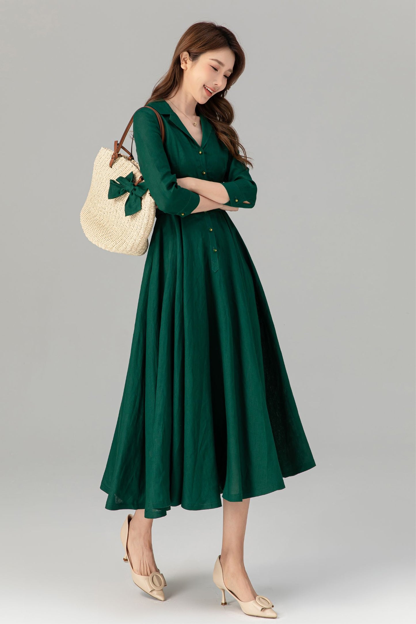 Spring green midi shirt dress with tie belt waist 4909