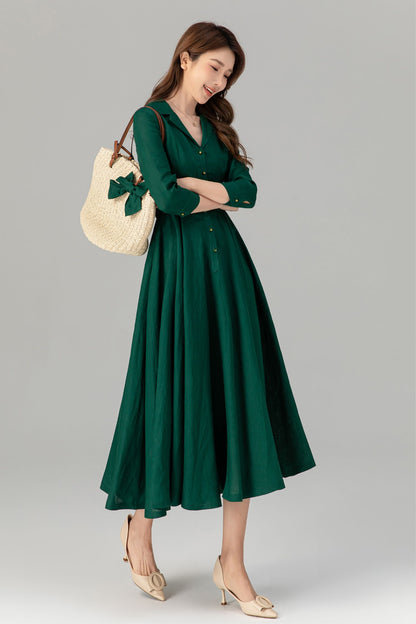 Green Linen Blend Midi Shirt Dress - Fit and Flare with Tie Belt Waist 4909