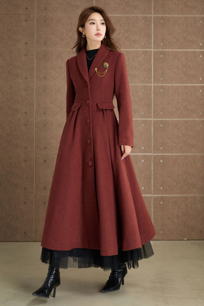 Red Brown Wool Fit and Flare Coat – Vintage Long Winter Wool Overcoat 5369