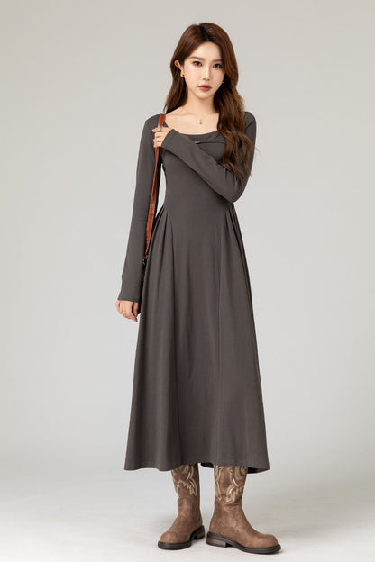 Women's Knit Midi Dress, Round Neck Long Sleeve | Xiaolizi 5477