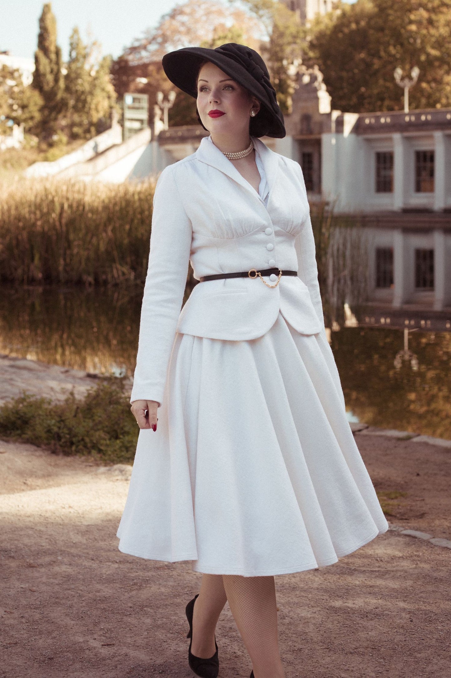 White Wool Two Piece Set – Handmade Vintage Tailored Blazer and Midi Skirt Suit for Women 6540