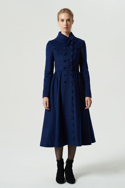 Handmade Navy Wool Coat – Vintage Princess Winter Maxi Overcoat 1971