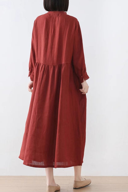 Rust Linen Midi Dress - Loose Fit with Pockets 4827
