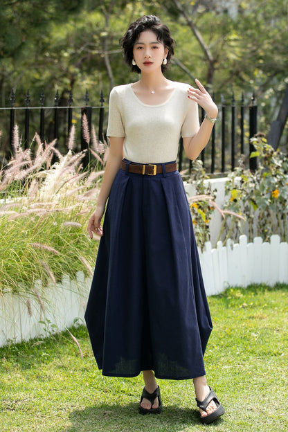 Handmade Navy Linen Cotton Asymmetrical Maxi Skirt | Xiaolizi 6740