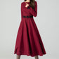 Burgundy midi winter wool dress with lace details 4544