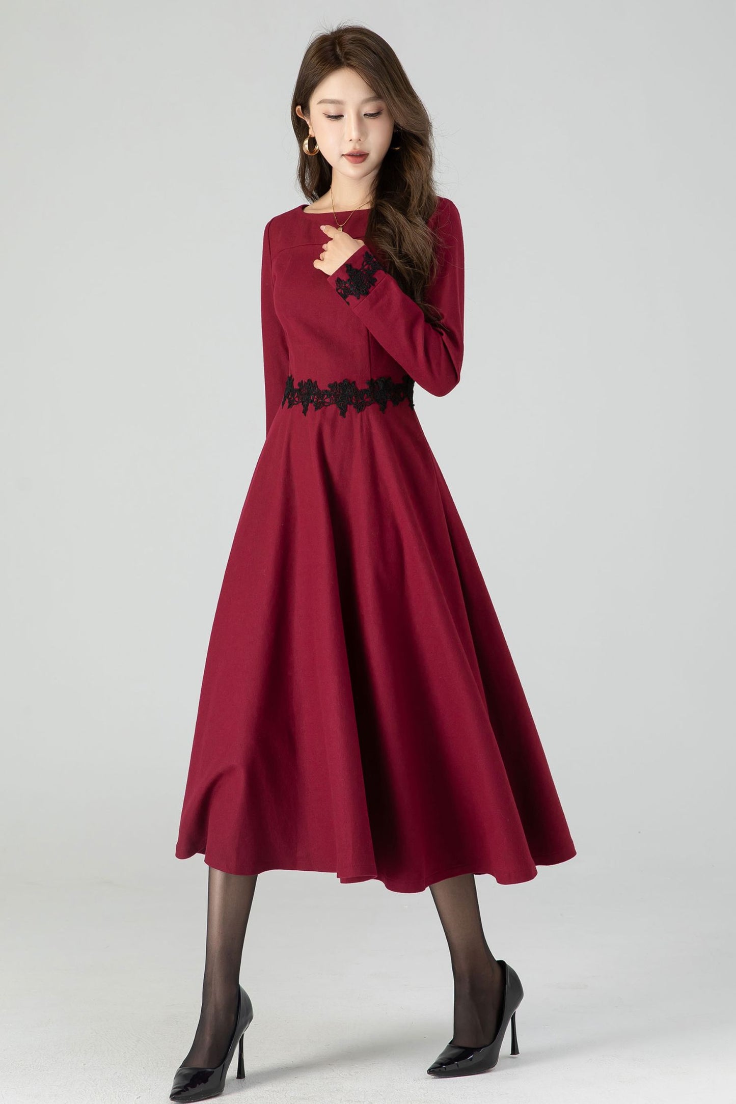 Burgundy midi winter wool dress with lace details 4544