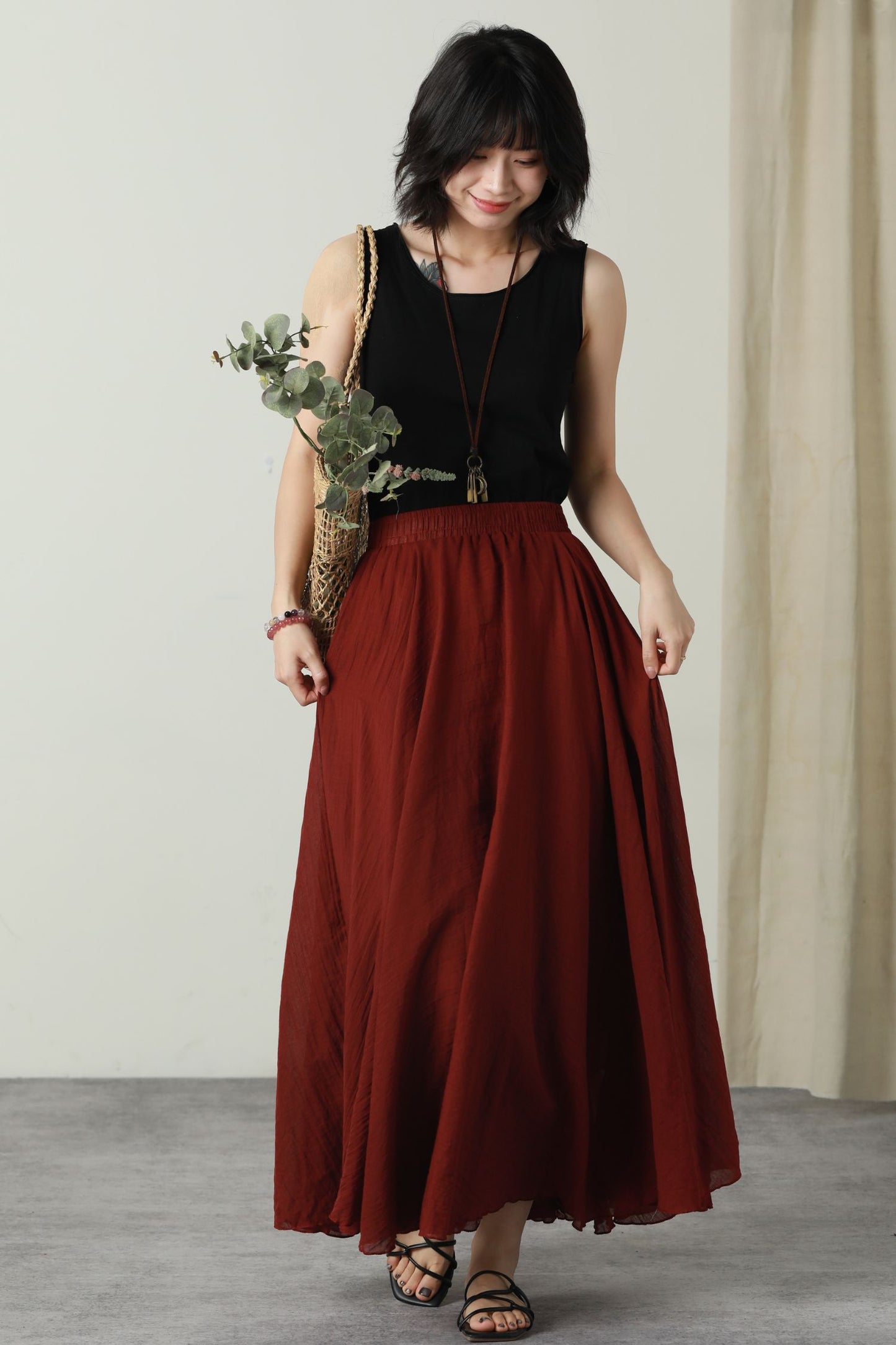 Maxi burgundy swing long linen skirt women 6175