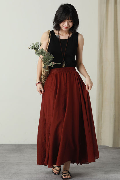 Maxi burgundy swing long linen skirt women 6175