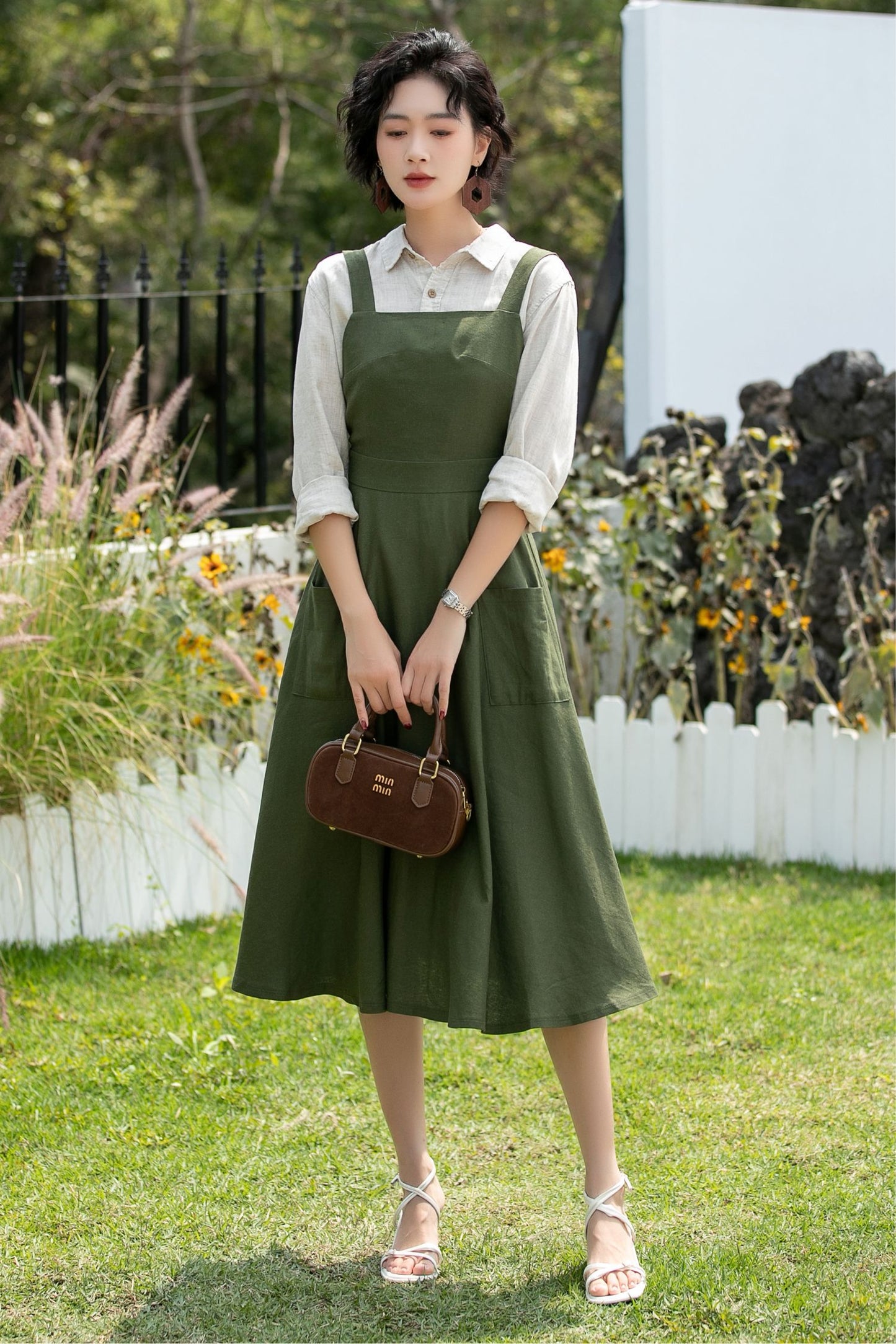 Olive Linen Cotton Pinafore Dress - Midi Fit Flare | Xiaolizi 6745