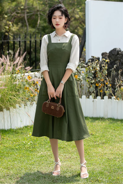 Olive Linen Cotton Pinafore Dress - Midi Fit Flare | Xiaolizi 6745