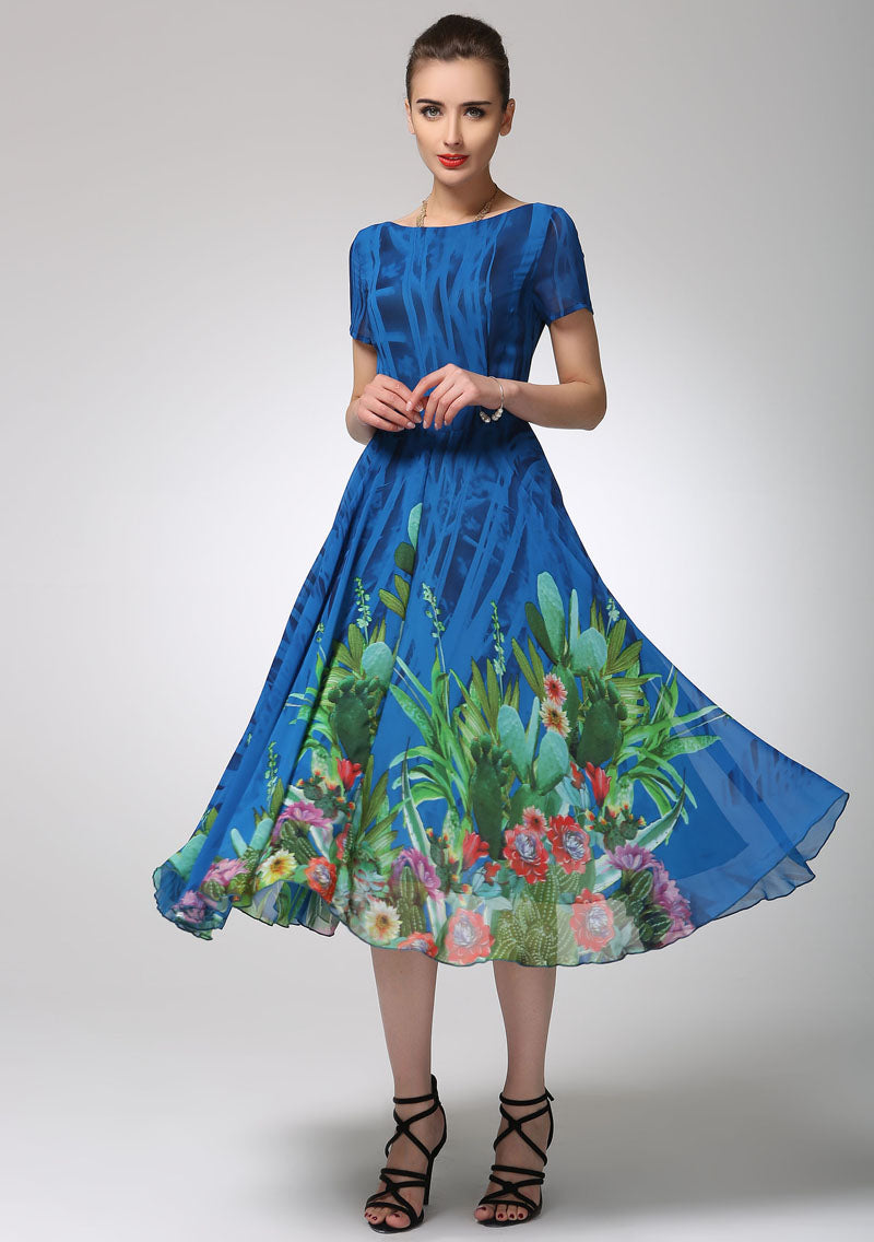 Blue Floral Chiffon Midi Dress for Women 1247