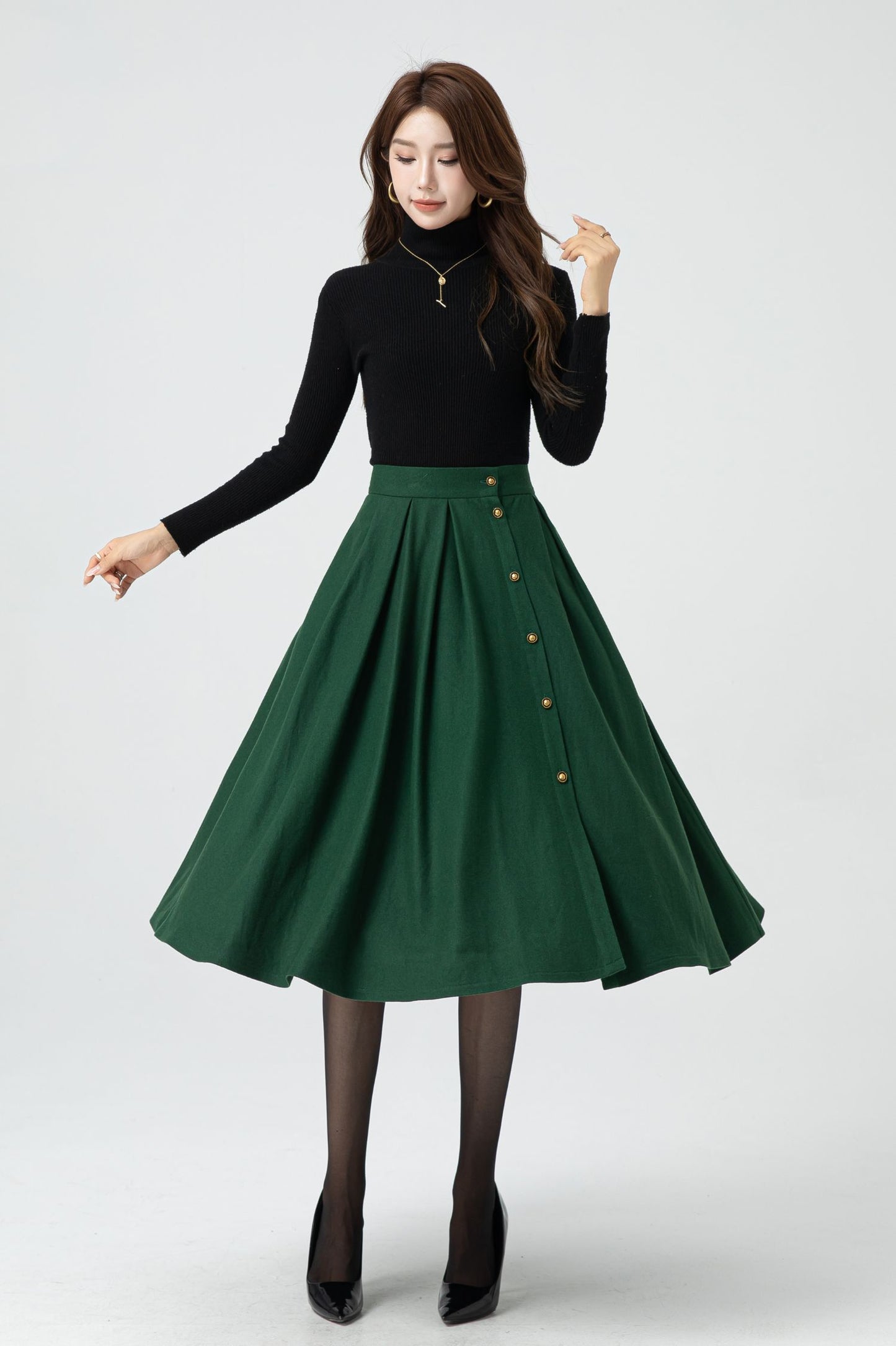 Button front green midi wool skirt 5322