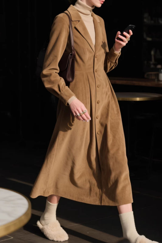 Brown Corduroy Midi Dress – Vintage Button Front Long Sleeve Dress | Xiaolizi 6647